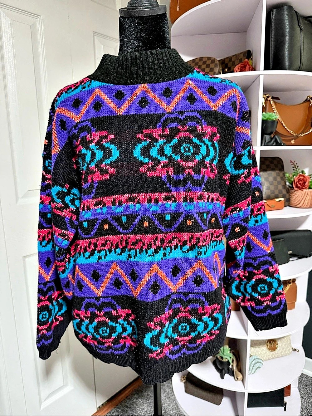 Authentic Vintage Croquet Club Geometric Crewneck Sweater in Black & Purple Like - Picture 5 of 9